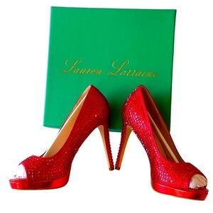 Lauren Lorraine Red Rhinestone Glitter Stilleto Pumps Heels Bridesmaid Prom 8.5